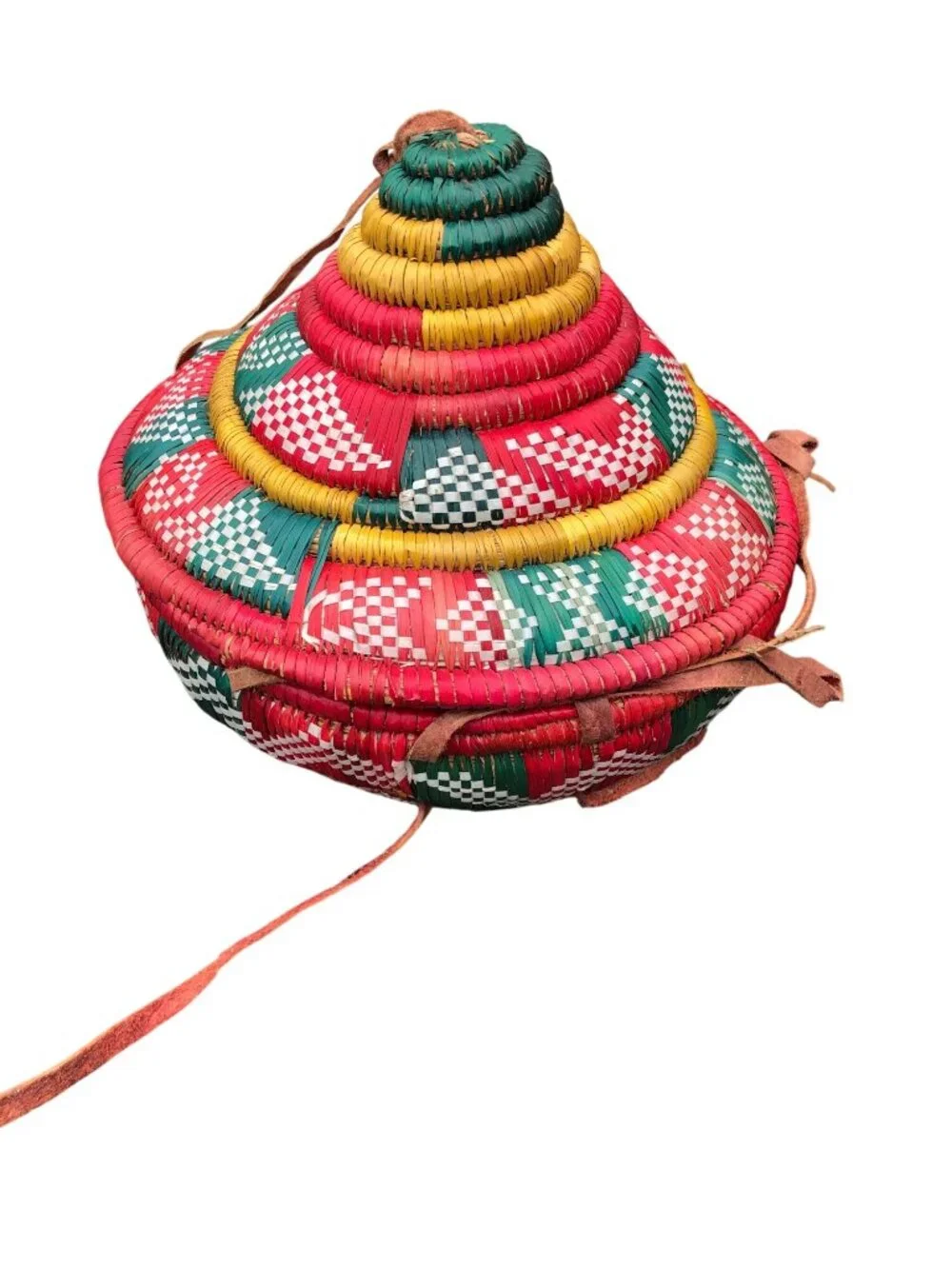 Ethiopian Handwoven Multi-Color Coiled Basket Lid Leather Straps Traditional Des